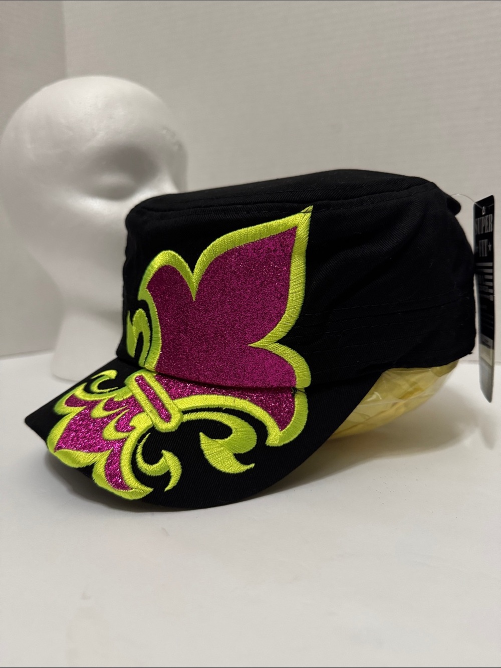Superfit Black Military-Style Cap with Pink Glitter Fleur & Neon Yellow Trim